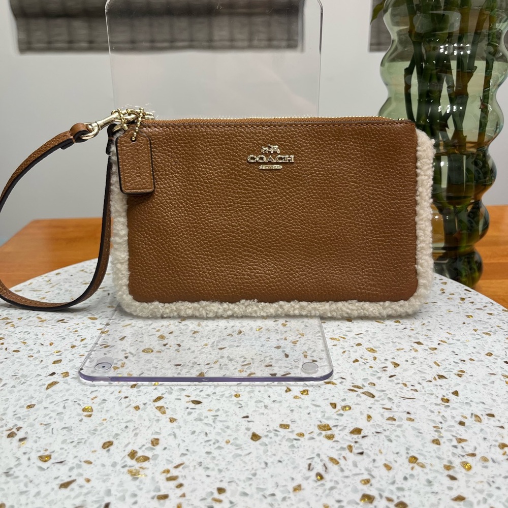 Coach Brown Leather and Sherpa Trim Large Wristlet - Picture 2 of 9